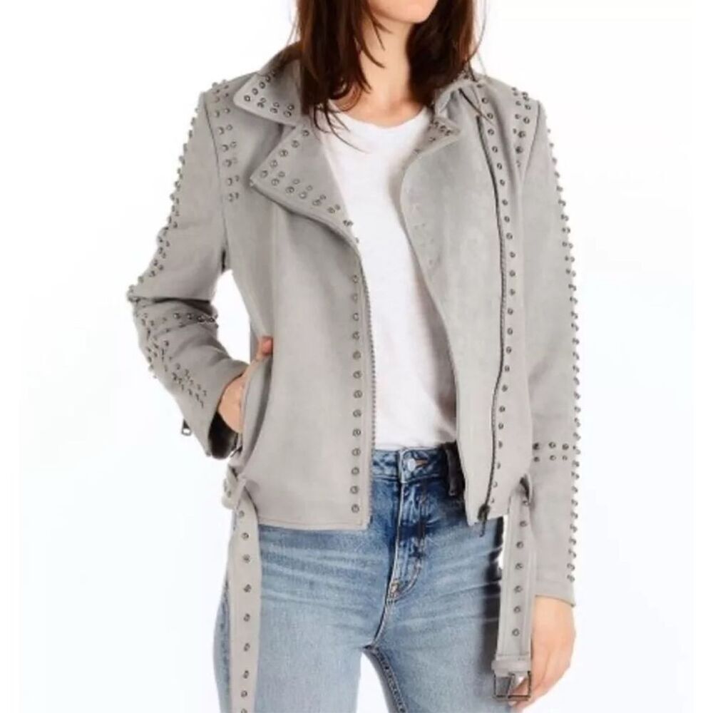 Vigoss Studded Faux Suede Moto Jacket Gray Size XSmall